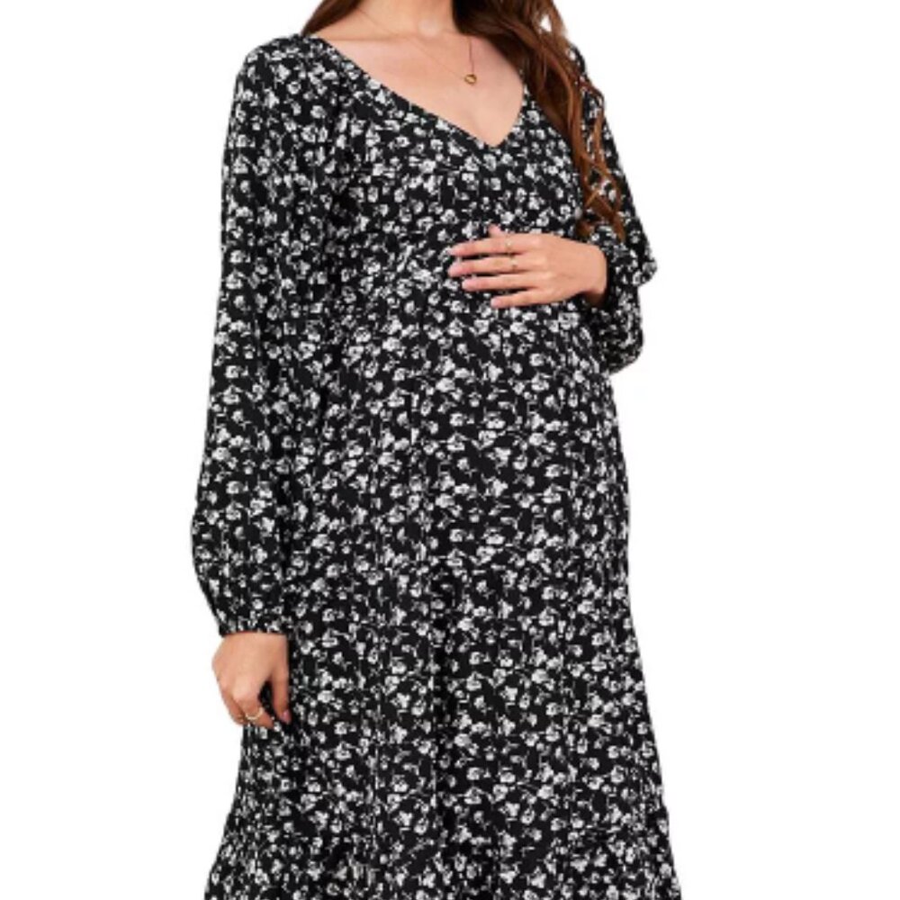 Women's Casual Maternity Dress Boho Floral V Neck Long Sleeve A Line Ruffle Hem